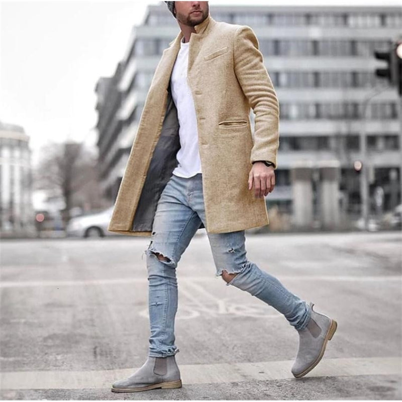 Men&#039;s Trench Coats Winter Jackets Wool Coat Warm Long Sleeve Male L43 Outerwear Button Overcoat Streetwear Parkas J55Y