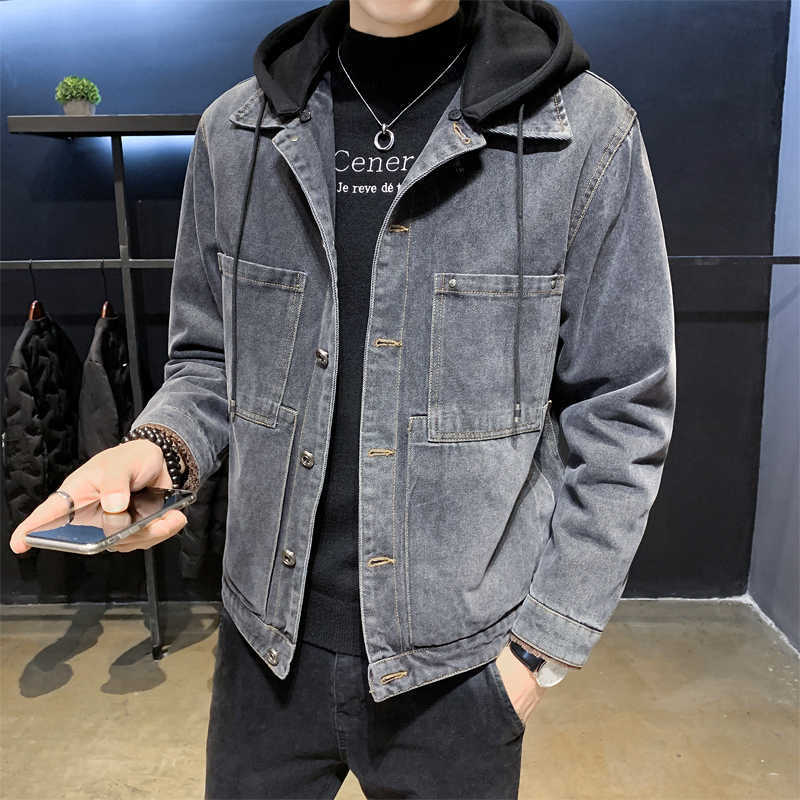 Men&#039;s Jackets Slim Jeans Jacket Men Winter Hooded Muti-pockets Denim Coats Casual Balck-gray Solid Color Warm Coat Outerwear XX92