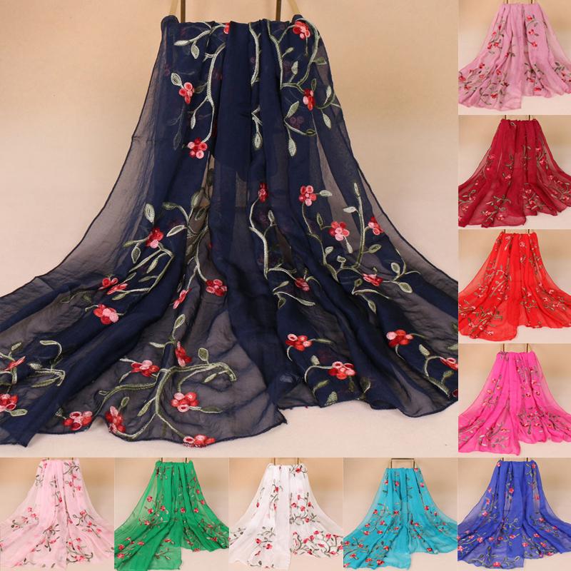 Scarves Summer Beach Women Wraps Chiffon Flower Embroidery Shawl Scarf Hijab Wrap Ladies Muslim Hijabs