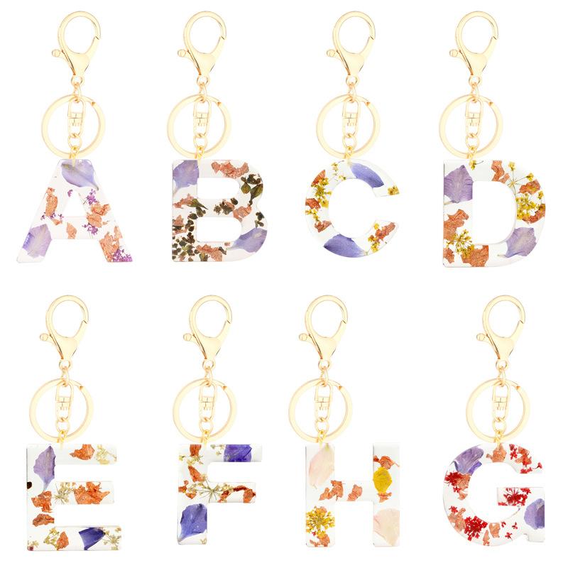 Keychains 26 Initial Letter Eternal Flower Key Rings Glitter Women Resin Car Bag Pendant Holder Daily Name Gifts