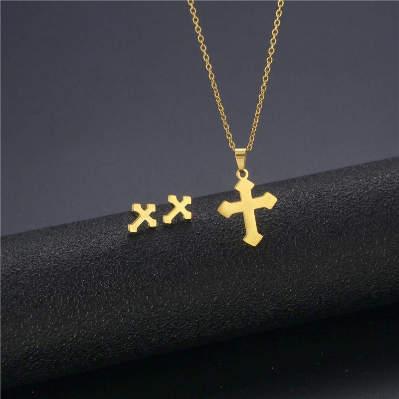 Pendant Necklaces Small Gold Stainless Steel Christian Faith Jesus Cross Chain Necklace Sets Choker For Women Female Collier Femme Jewelry