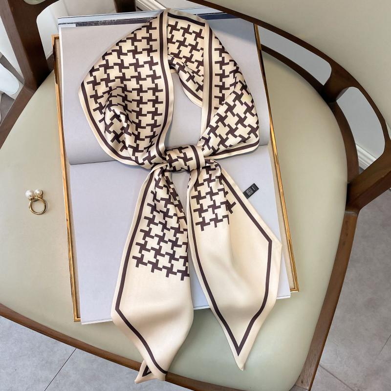 Scarves Silk Scarf Ribbon 15*150cm Plaid Print Women Foulard Bandana Hair Hijab Fashion Female Skinny Scarfs Lady Bag Neck Ties