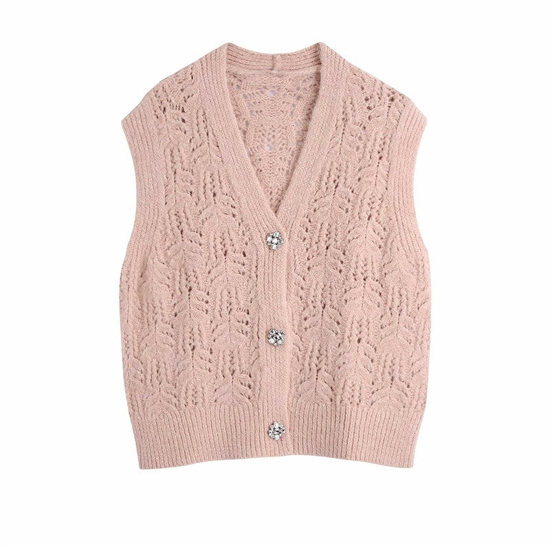 Women&#039;s Sweaters Women Fashion Jewellery Button Pink Hollow Out Za Knitted Cardigans Vest Female Casual V-Neck Sleeveless Loose KB