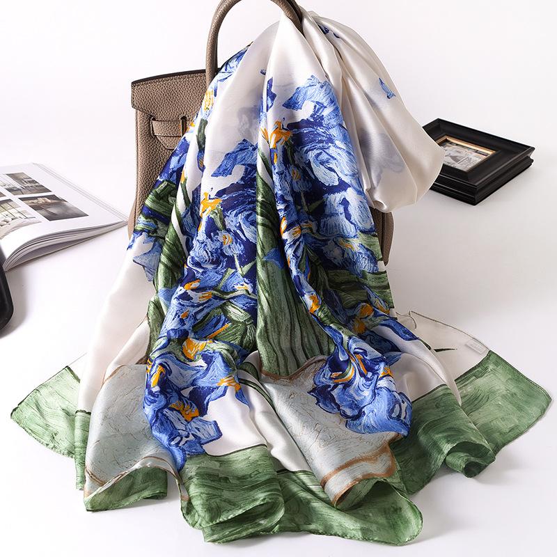 Scarves Women Imitation Silk Scarf Retro Painting Flower Print Shawls Office Lady Soft Wraps Female Headscarf Beach Towel 90x180cm