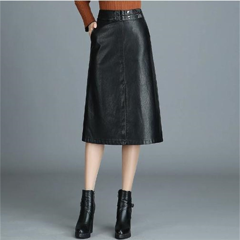 Skirts Spring Autumn Women Pu Leather High Waist A-Line Elegant Office Work Wear Saias Plus Size J3311 2HLI