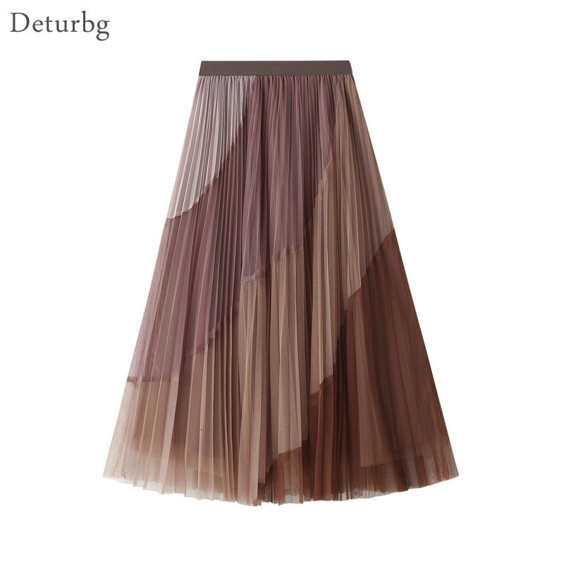 Casual Dresses Women&#039;s Elegant 4 Color Patchwork Mesh Skirt Korean High Waist Pleated 3 Layers Tulle A-Line Midi Skirts Saias 2021