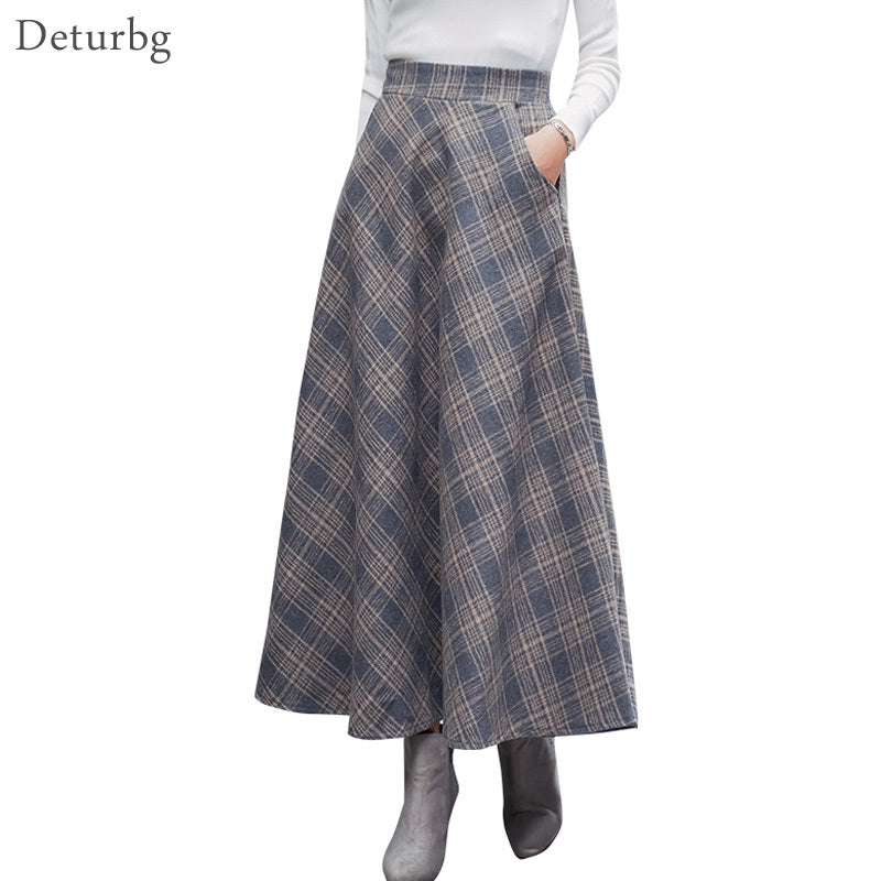 Casual Dresses Japanese Style Vintage Plaid Long Skirt For Women Streetwear Zipper Elastic High Waist Pocket Woolen Skirts Winter