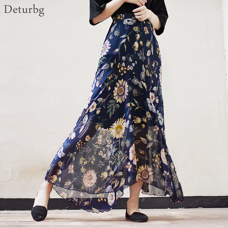 Casual Dresses Women&#039;s Fashion Florals Print Long Skirt Female Elastic High Waist Chiffon Asymmetrical Mermaid Skirts Autumn SK220