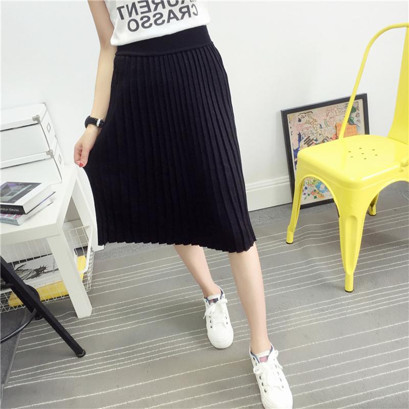 Casual Dresses Women&#039;s Cute Pleated Korean Midi Skirt Autumn Winter High Waist Stretchy Knitted Cotton Wool Slim Black Skirts SK10