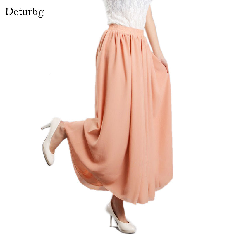 Casual Dresses Women&#039;s High Waist 2 Layers Chiffon Maxi Skirt Ladies Boho Pleated Big Hems 22 Colors Quality Beach Skirts Saias PY