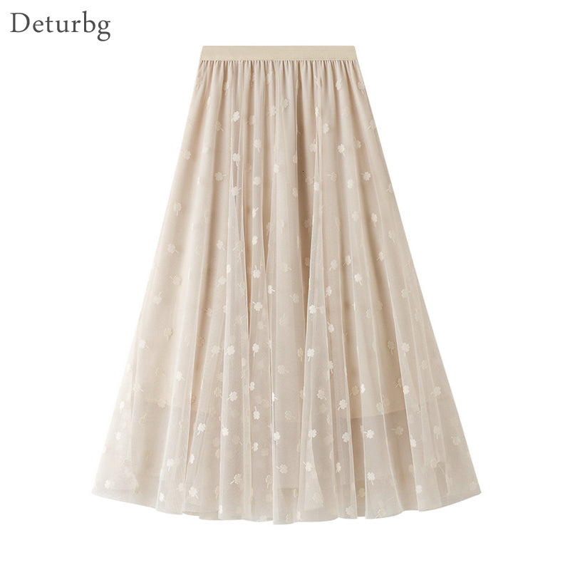 Casual Dresses Women&#039;s Elegant Lucky Clover Floral Skirt Korean Female High Waist 3 Layer Mesh Black A-Line Midi Long Skirts 2021