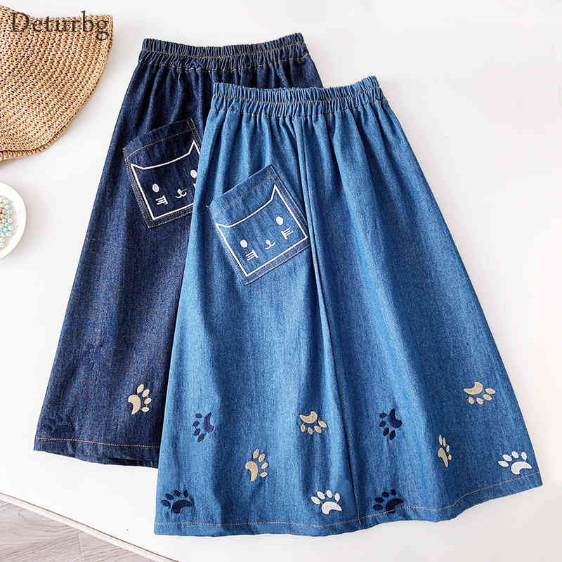 Casual Dresses Women&#039;s Kawaii Denim Midi Skirt With One Pocket Korean Female High Waist Cat scratch Embroidery Jeans Skirts 2021 S