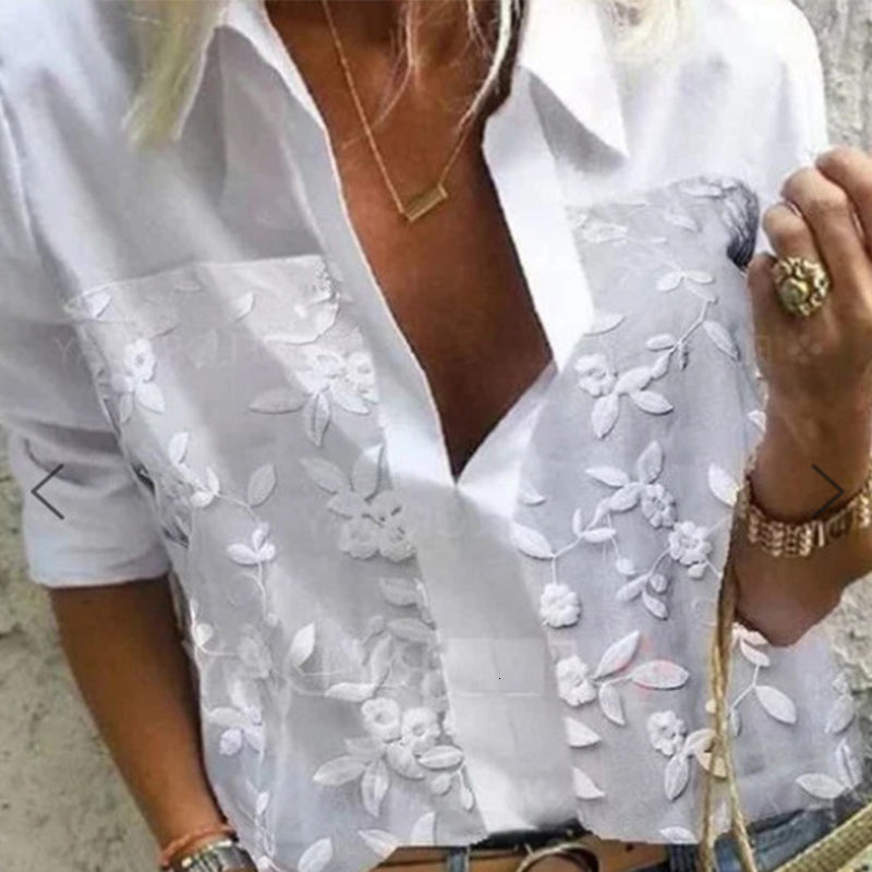 Women&#039;s Blouses & Shirts Lace Crochet White Blouse Top Fashion Turn Down Collar Female Spring Autumn Casual Tops Ladies Clothes 98
