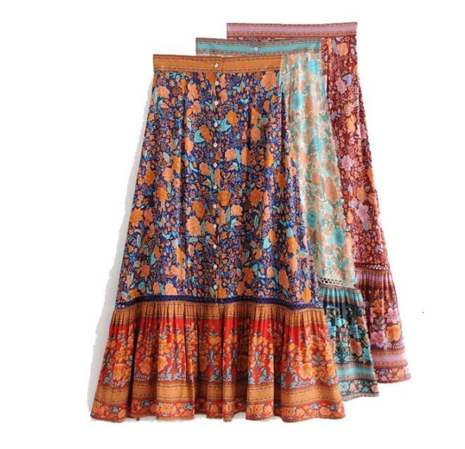 Skirts Gypsy women summer skirts Vintage Inspired floral print Bohemian Beach Skirt Shell Buttons Holiday seaside Chic Boho E3F6
