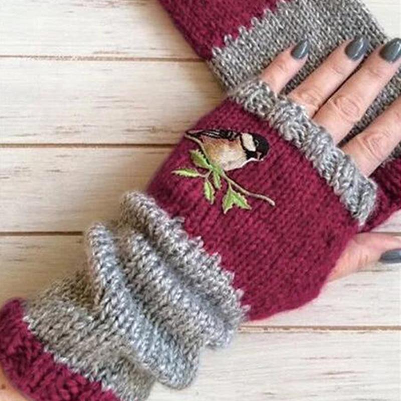 Five Fingers Gloves Birds Embroidery Women Knitted Fingerless Plus Velvet Multicolor Winter Mittens Womens Girls Lady Christmas Gift