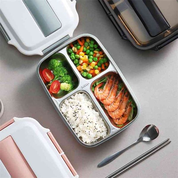Portable Compartment Insulation Lunch Box Japanese Office Staff Separated Microwave Heating Bento Stainless Steel 304 210423
