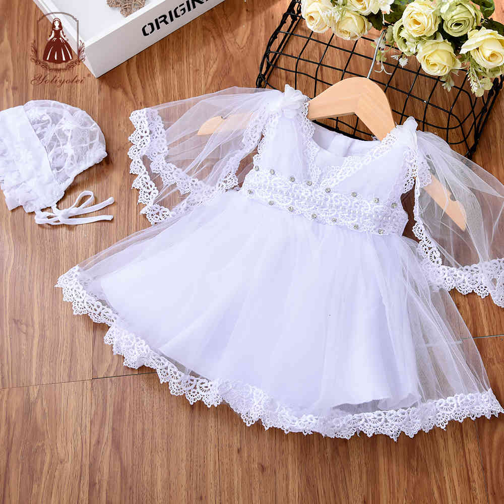 Girl&#039;s Yoliyolei Infant Girl Dress White Tulle Baptism Dresses for Girls 0-24M Birthday Party Baby Beading Hairband Clothes 1027