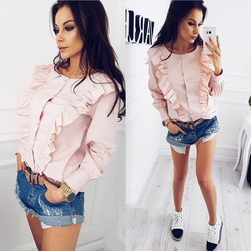 Women&#039;s T-Shirt Elegant Workwear Flounce Neck Button Long Sleeve Blouse Autumn Minimalist Women Tops And Blouses clothes
