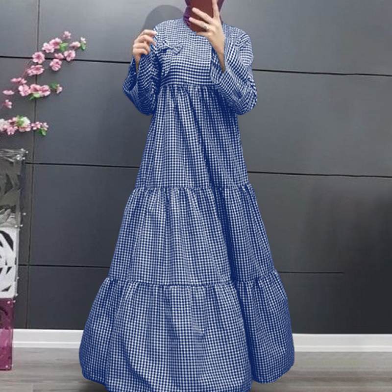 Women&#039;s Blouses & Shirts Casual Swing Long Maxi Shirt Dress Women Muslim Jilbab Islamic 2021 Bow Plaid Sundress Kaftan Sleeve Laye