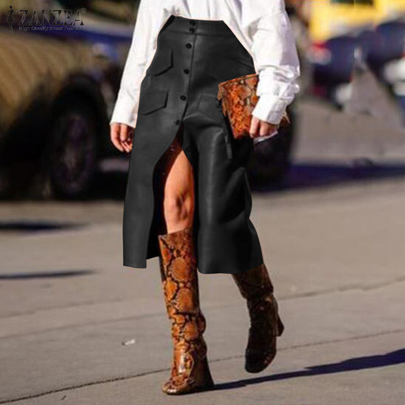 Skirts Casual Fashion Front Split Women&#039;s PU Leather Vestidos Spring High Waist Pockets 2021 Plus Size Solid Robe DE6W