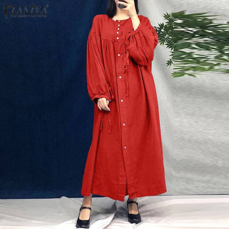 Women&#039;s Blouses & Shirts Womens Autumn Long Maxi Dress Casual Solid Buttons Kaftan Female Soft Puff Sleeves Robe Plus Size ZANZEA