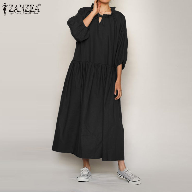 Women&#039;s Blouses & Shirts Long Maxi Dress Female Solid Drawstring Robe ZANZEA Puff Sleeve Ruffle Dresses Summer Femme Casual Loose