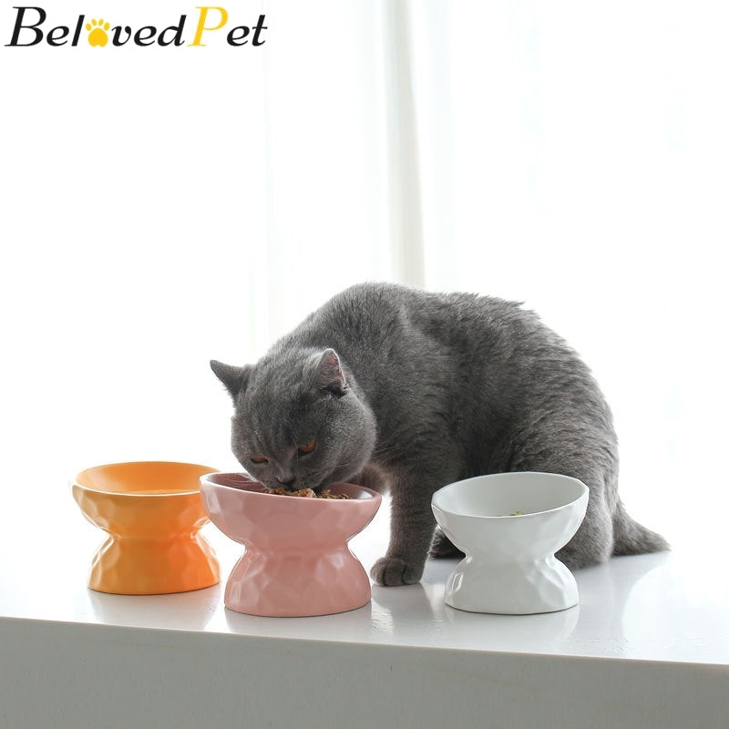 Ceramic Cat Bowl Cat Food Feeder Dispenser Ceramic Cat Water Bowl High Foot Oblique Neck Protection Non-slip Prevent Overturning