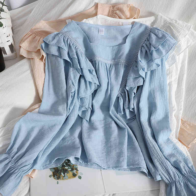 Women&#039;s Blouses & Shirts Womens Casual Ruffles Long Sleeved Pullover Cotton Loose Korean Solid Sheer Crepe Shirt Blue Ivory OSLQ