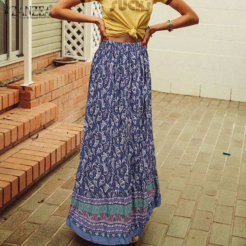 Skirts Floral Printed Maxi Long Summer Women High Waist Bohemian Beach Jupe Casual Vintage Faldas Saia IBP5