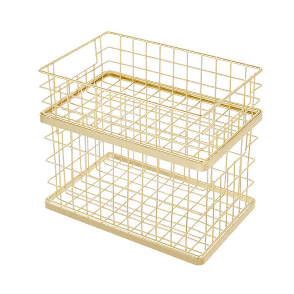 Wrought Iron Gold Storage Basket Office Desk Sundries Makeup Brushes Pen Holder Table Cosmetic Organizer Net Basket