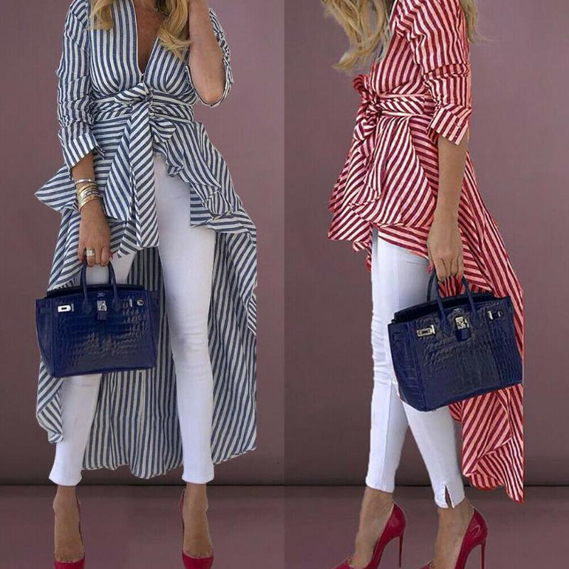 Women&#039;s Blouses & Shirts Plus Size Women Boho Striped Print Tied Front Dip Irregular Hem Dress Long Sleeve Blouse Loose Tops Tunic Shirt