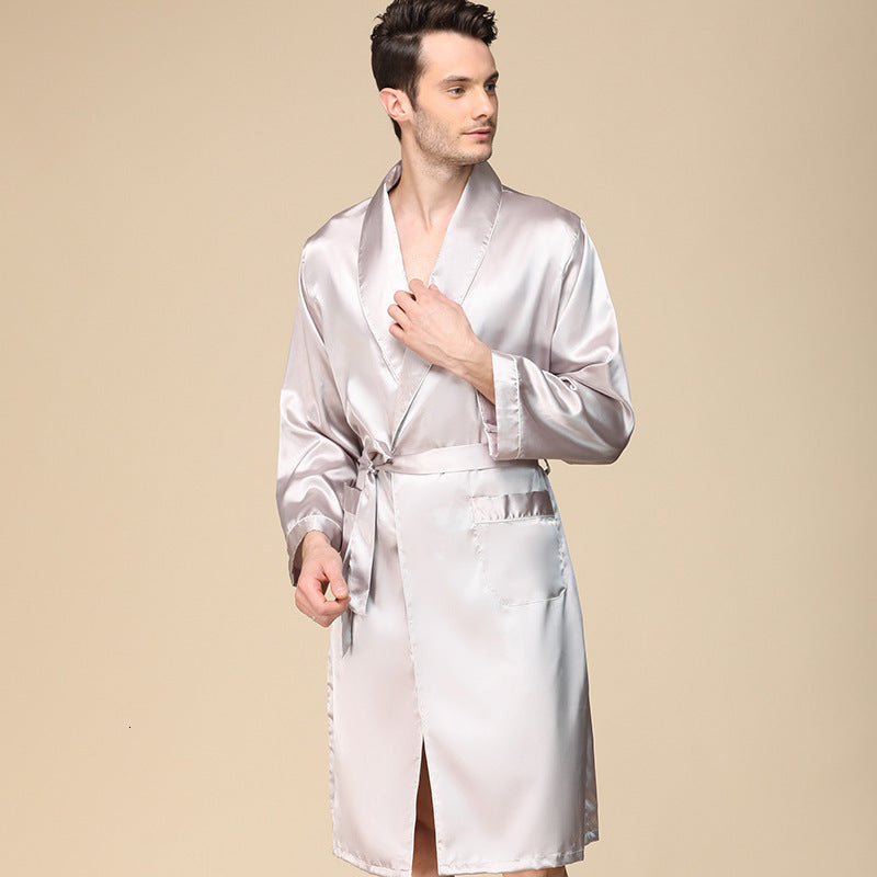 Men&#039;s Sleepwear Single Piece Satin Silk Nightgown Spring Thin Long Sleeve Home Bath Gown Pajamas Bathrobe Male Plus Size M-5XL F76