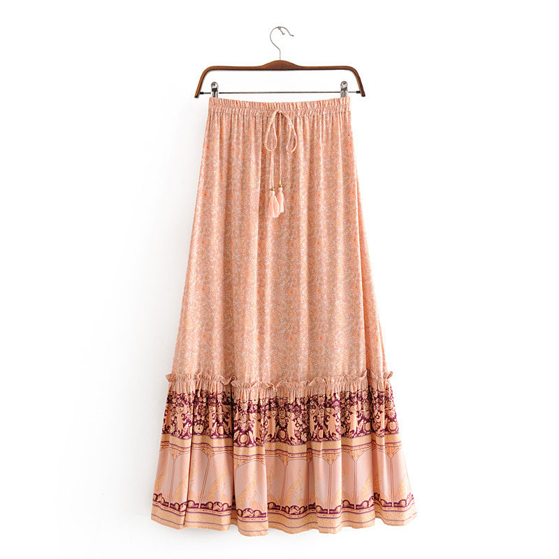 Skirts Women summer beach long skirts pink floral print bohemian holiday seaside casual maxi elastic waist drawstring boho 3KRR