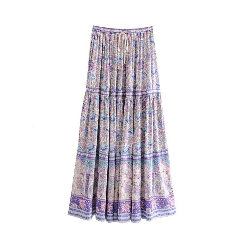 Skirts Women summer Bohemian beach skirts purple floral print elastic waist tied holiday seaside maxi skirt spring long pleated bo