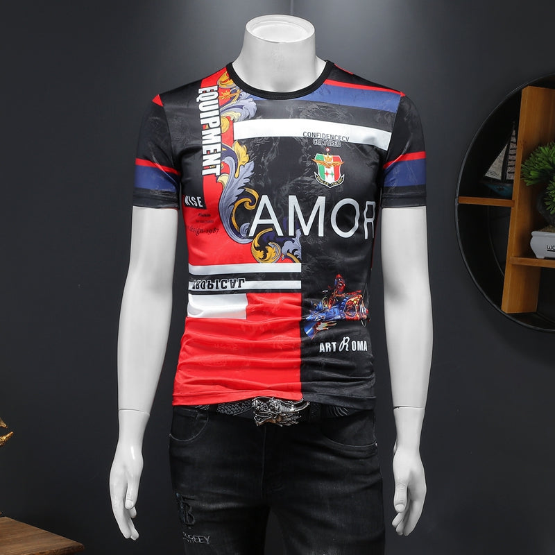 Fashion men&#039;s tops short-sleeved T-shirt printing 2022 spring and summer hot drill personality trend round neck slim bottoming shirt