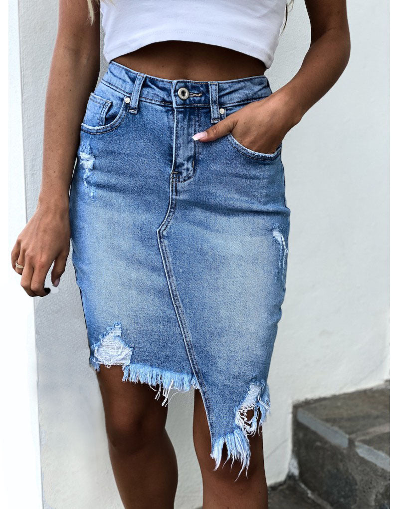 Woman Irregular Denim Skirt Bodycon Tassel Pocket Mini Jean Skirts Dress