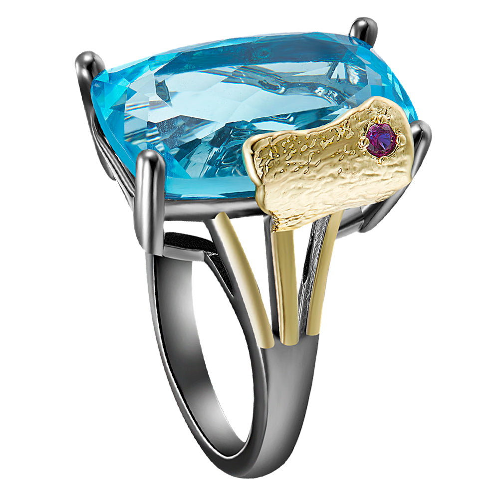 New Year Gift Big Rectangle Blue Zirconia Ring Black-Gold 2 Tone Jewellery Anniversary Luxury Large Stone Jewelry