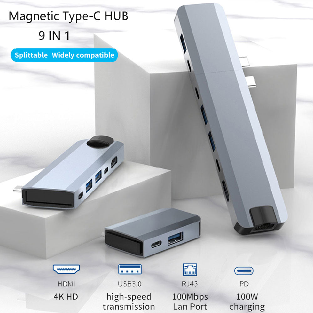 Type-c HUB USB C To 4K 2*HDMI-conpatible RJ45-USB-C-2*PD Magnetic 9-In-1 Adapter For PC Tablet Docking Station