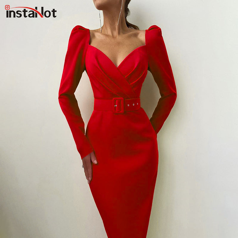InstaHot Elegant Party Women Dress Slim V Neck Long Sleeve Mid Calf Pencil Dress 2021 Casual Office Lady Solid Red Puff Sleeve
