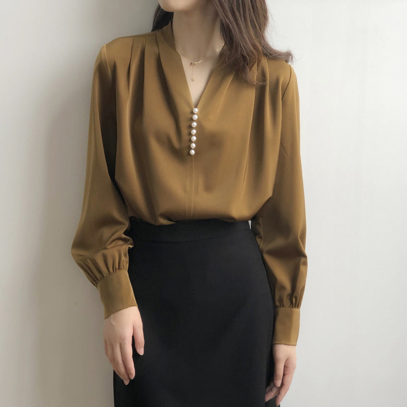 Women&#039;s Blouses & Shirts Vneck Long Sleeve Pearl Satin Woman Loose Straight Elegant Ladies Blouse Autumn Tops P932