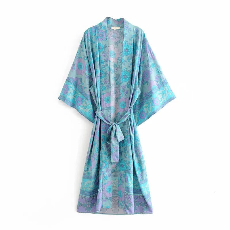 Women&#039;s Blouses & Shirts Women Long Robe Kimono Cardigan Summer Boho Blue Floral Print Fashion Bohemian Sashes Maxi Beach Shirt Lo