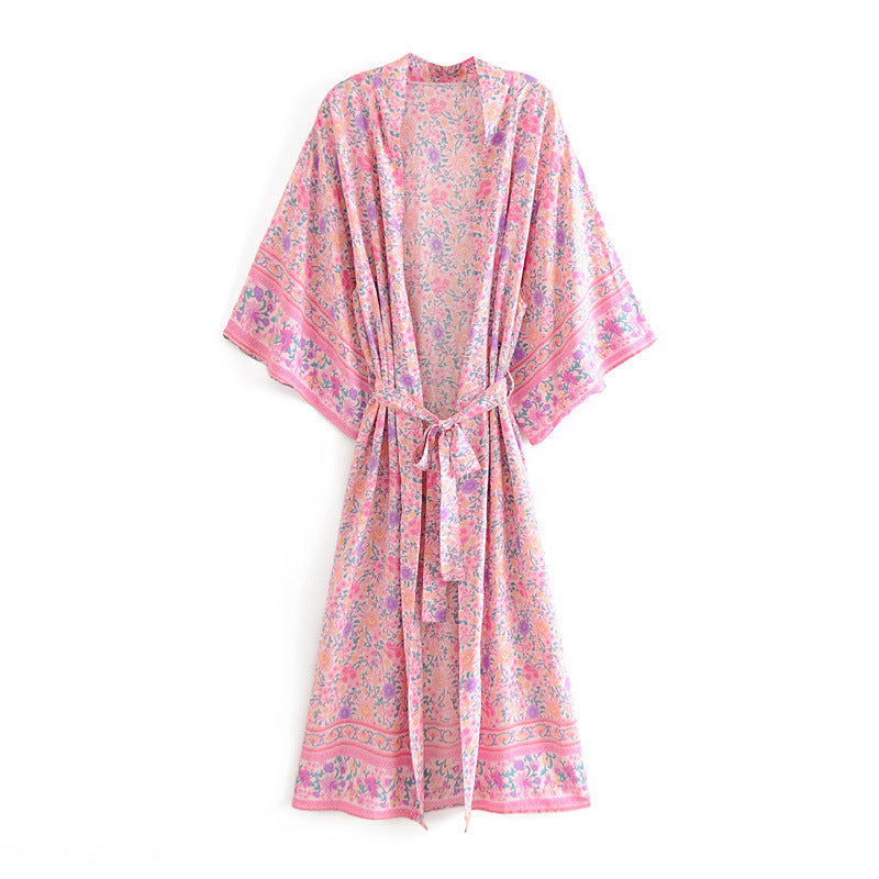 Women&#039;s Blouses & Shirts Women Long Kimono Cardigan Summer Floral Print Bohemian Sashes Maxi Wrap Robe Beach Boho Shirt Loose Cove
