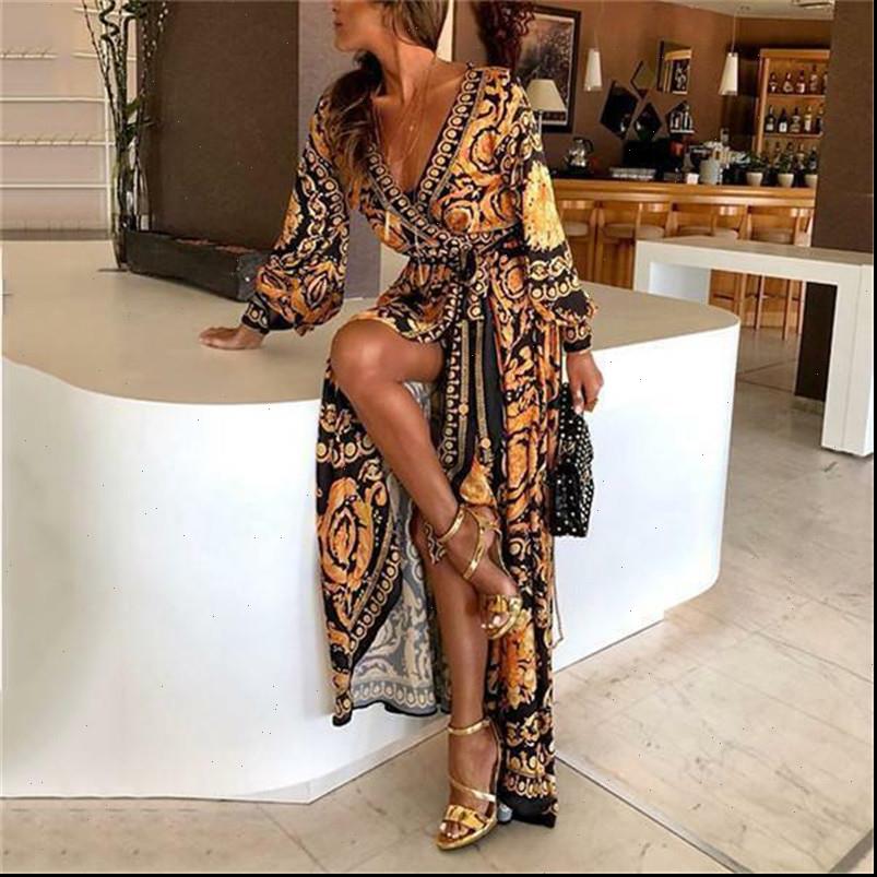 Bohemian Retro Floral Print Women Dresses Summer Gold Color Long Sleeve V Neck Maxi Dress Beach Club
