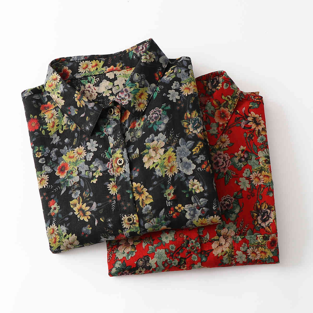 Women&#039;s Blouses & Shirts Lamtrip Rustic Full Rose Flowers Print Cotton Line Long Sleeve Shirt Women Mori Girl ToP 2021 Spring RC0F