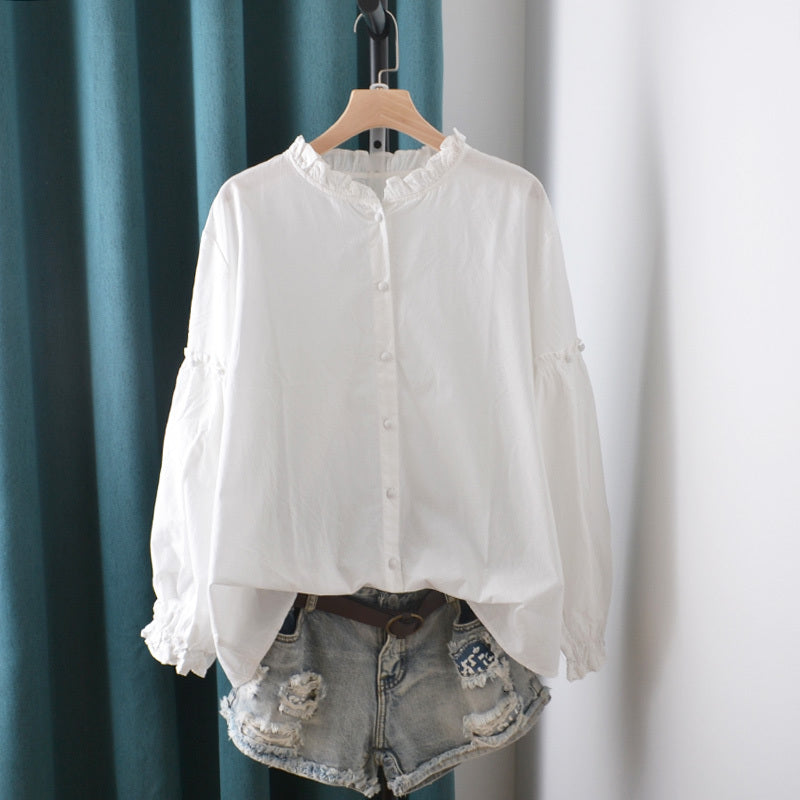 Women&#039;s Blouses & Shirts Lamtrip White Brief Ruffles Collar Sweet Cotton 100% Lantern Sleeve Shirt Blouse Mori Girl SJBG