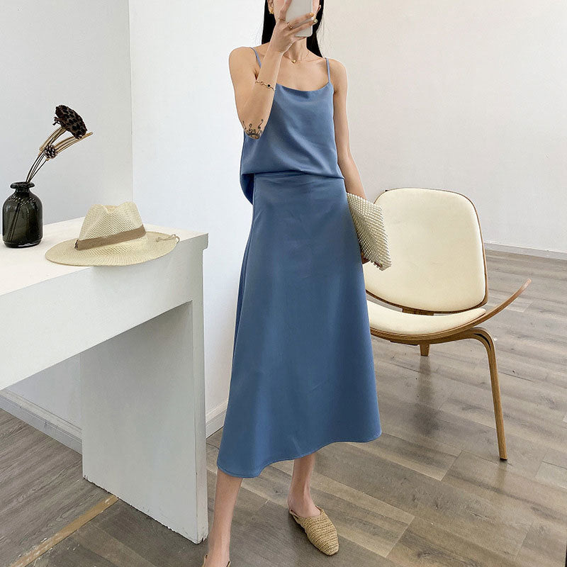 Skirts Summer Women High Waist Elegant Satin s Solid A-Line Jupe Femme Saias Mujer Two-piece Set SGFB