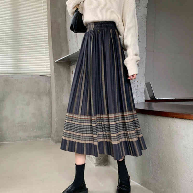Skirts Vintage Wool Blend Ethnic Style Plaid Striped A-line Pleated Calf Long AYF6