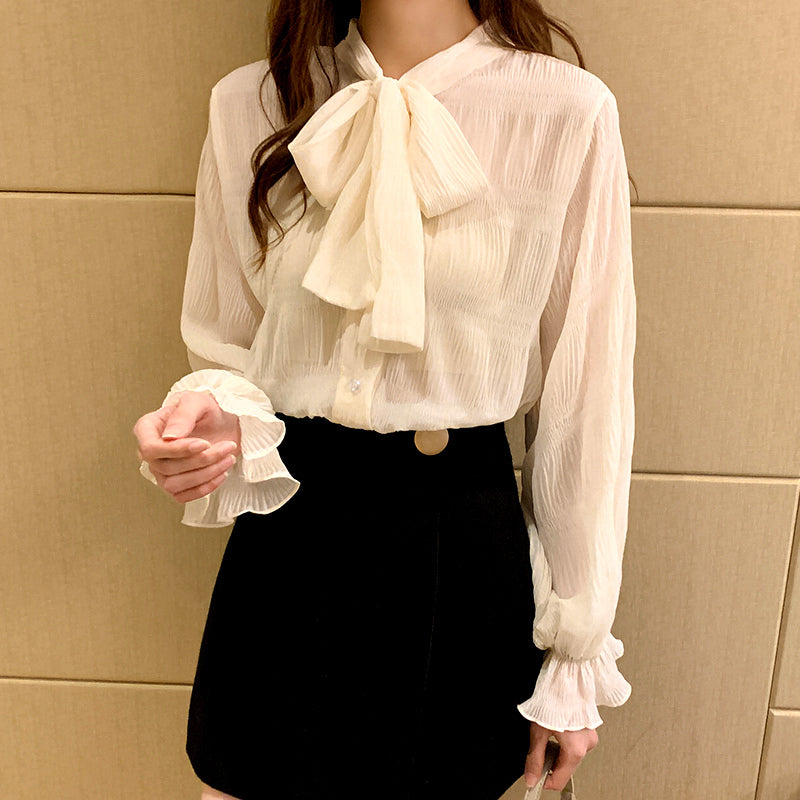 Women&#039;s Blouses & Shirts Sweet Fairy Puffy Long Sleeved Bowknot OL Chiffon Q05N