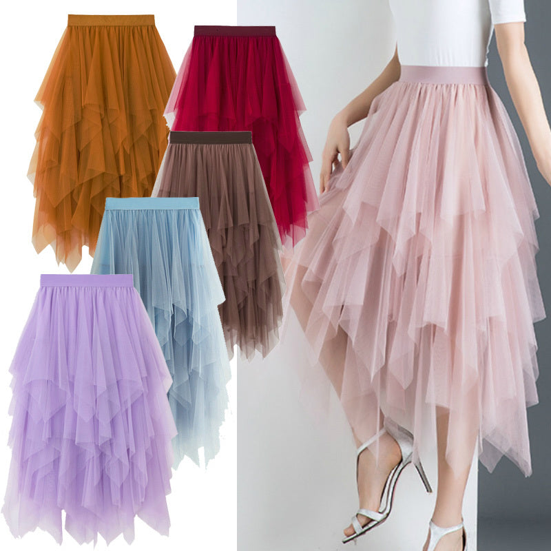 Skirts Autumn Fairy Irregular Cakee Layered Puffy Long Mesh Skirt Sweet Candy Color Tiered High Low A-line Tulle 10 Colors Z56D