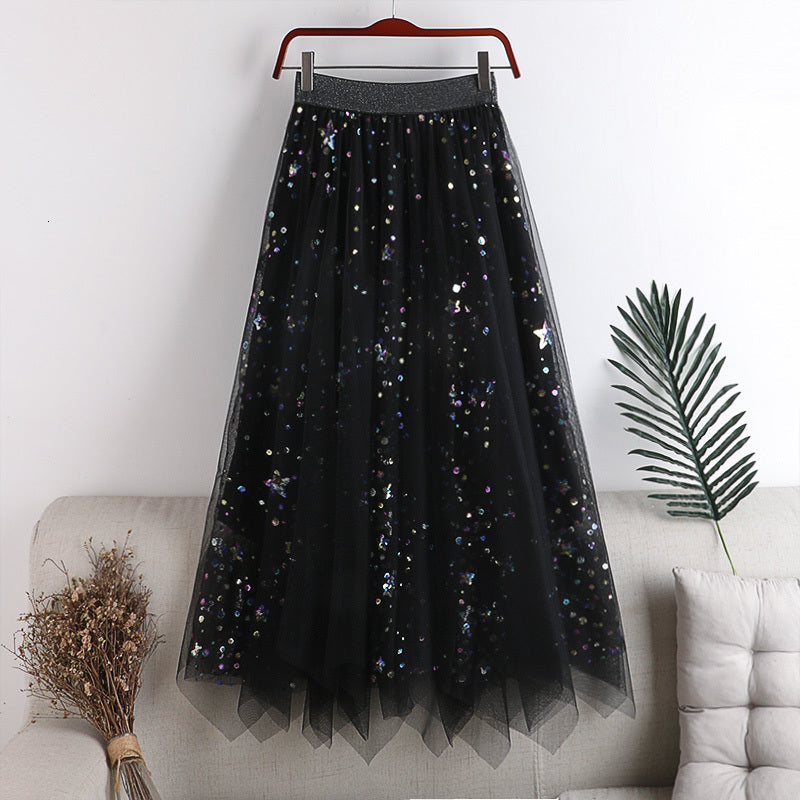 Skirts Layered Tulle Embroidered Sequins A-line Maxi Long Gray FFJ3
